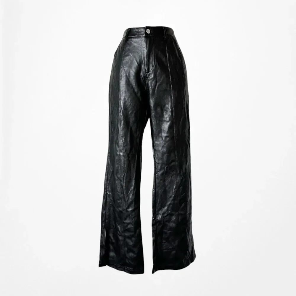 Vintage Y2K 90s Black Faux Leather High Waisted Boot Cut Pants Trousers Size S
